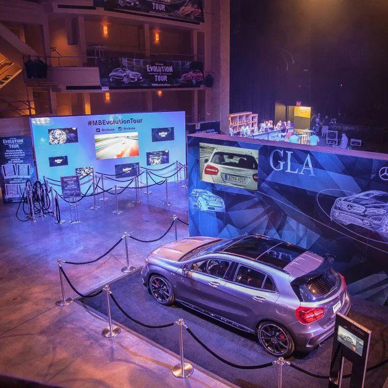 Mercedes-Benz GLA AMG showcased at the launch event, highlighting its sleek design and performance features.